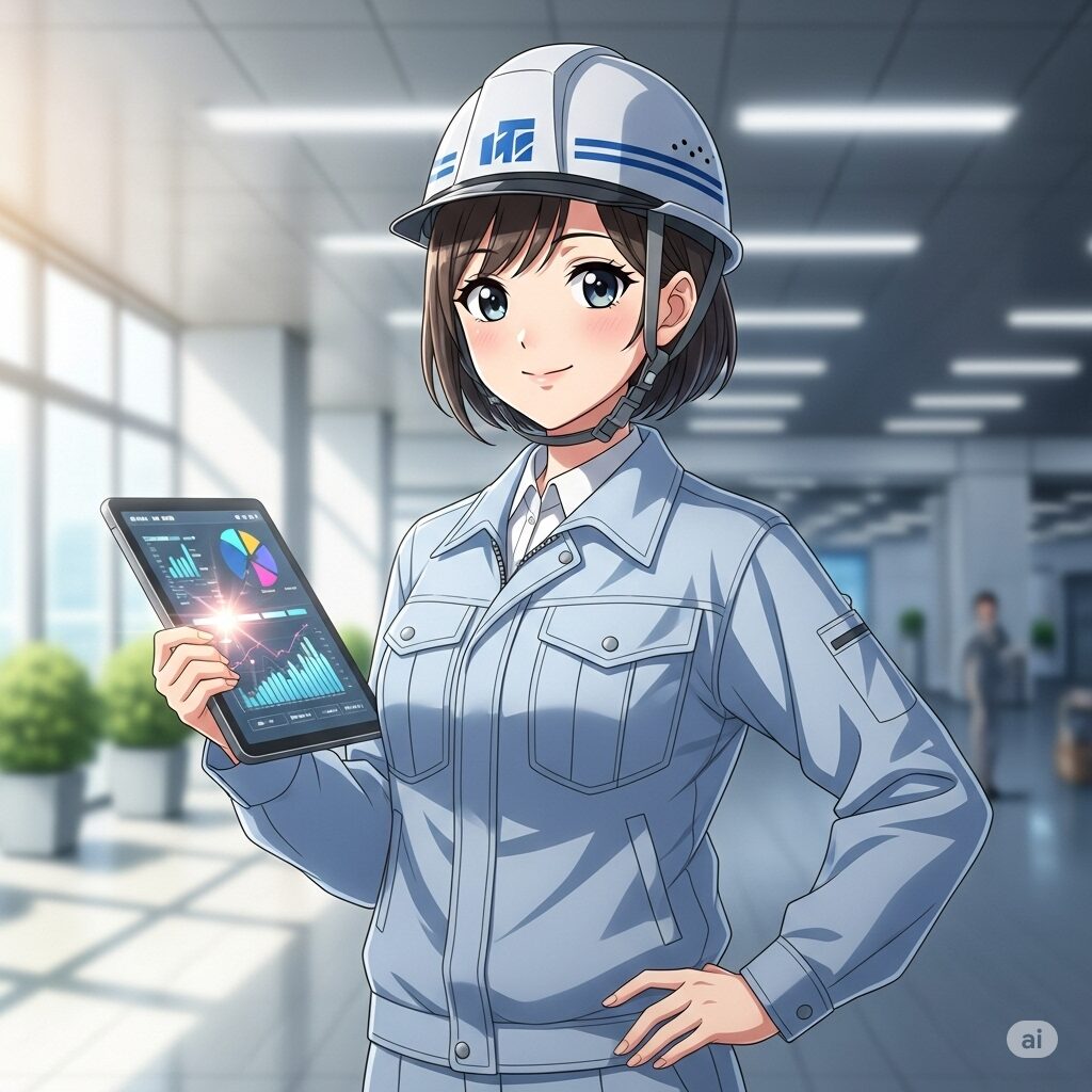 若く活気のあるアニメ風女性ビルメンが、タブレットで設備データを確認し、未来を見据える様子。成長とキャリアアップの可能性を示唆するイメージ。