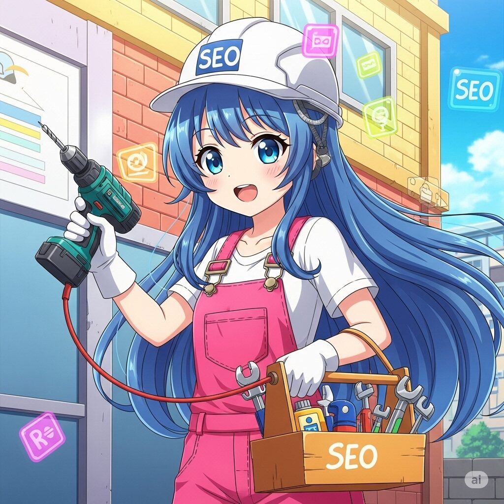 かわいいアニメ風の女の子が、カラフルなツールボックスとドリルを使って建物のメンテナンスをしている画像。