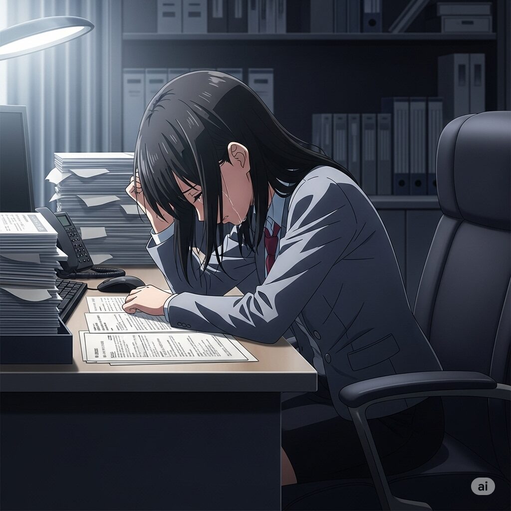 オフィスのデスクで、内定辞退の連絡にショックを受けて頭を抱え、突っ伏しているアニメ風の若い女性採用担当者。