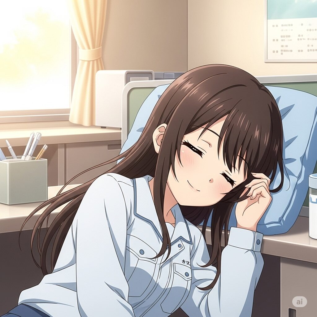 ビルメンテナンスの仮眠室で、窓から差し込む光を浴びながら安らかに眠る、アニメ風の若い日本人女性作業員。