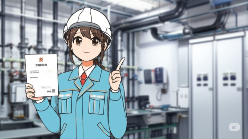 自信に満ちた表情で消防設備士資格証を掲げ、指をさす若い女性ビルメン
