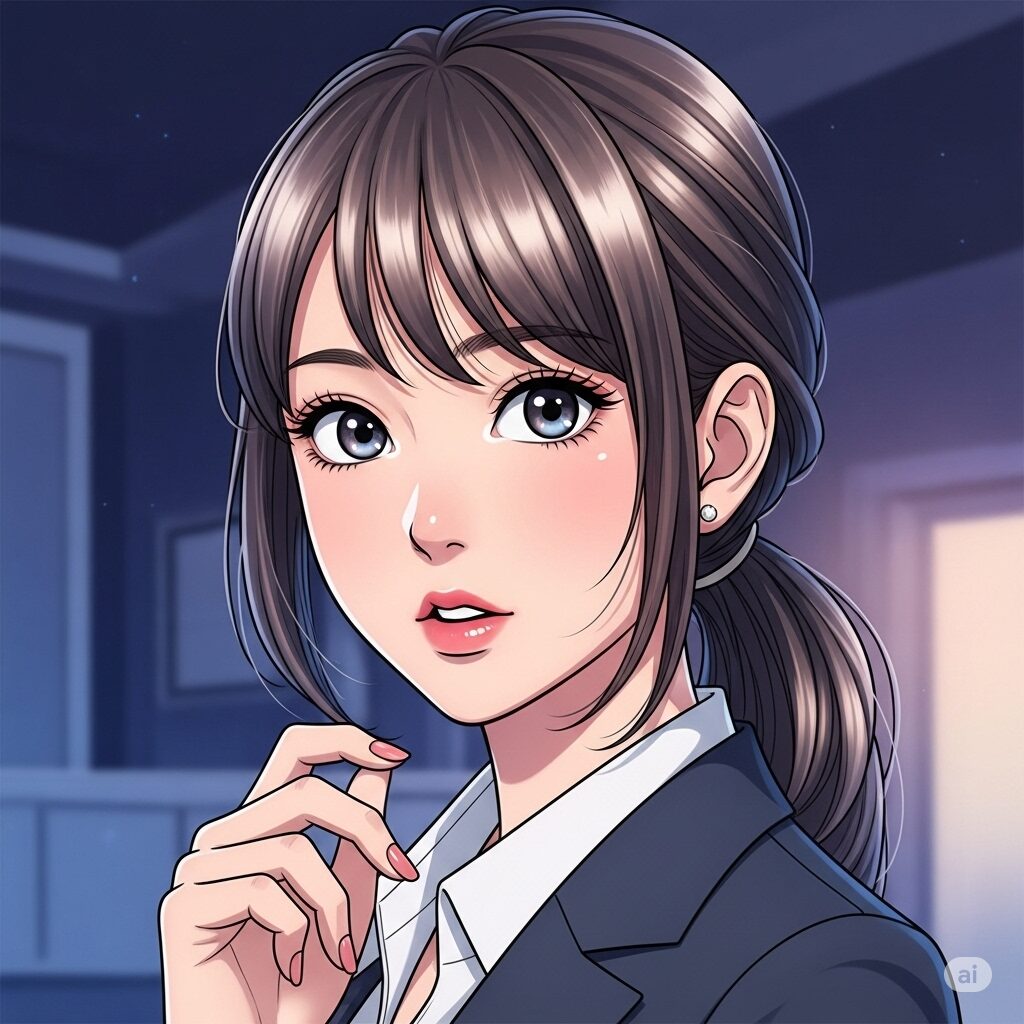 若い日本人女性が驚いた表情をしている、マンガ風の魅力的な画像。背景は濃い青と紫のグラデーション。