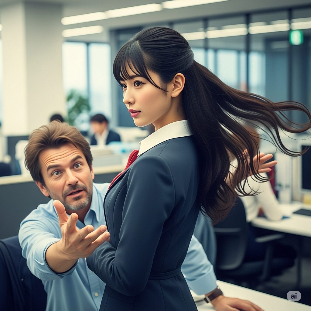 職場で困った人をエレガントに無視する若い日本人女性、または漫画・アニメ風のかわいい女の子