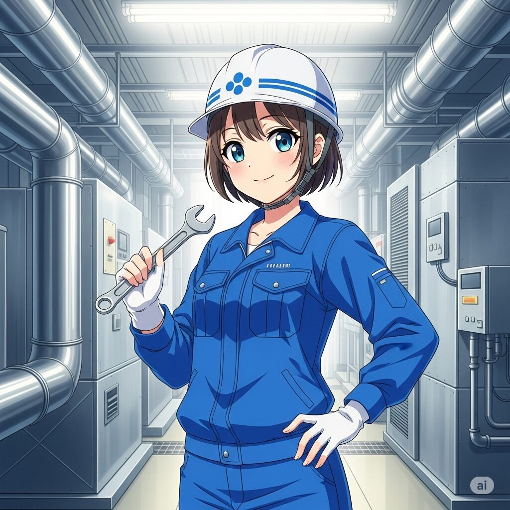 青い作業服とヘルメットを着用した若い女性が、にこやかに工具を手にしている。背景にはビルの設備が見えるイラスト。