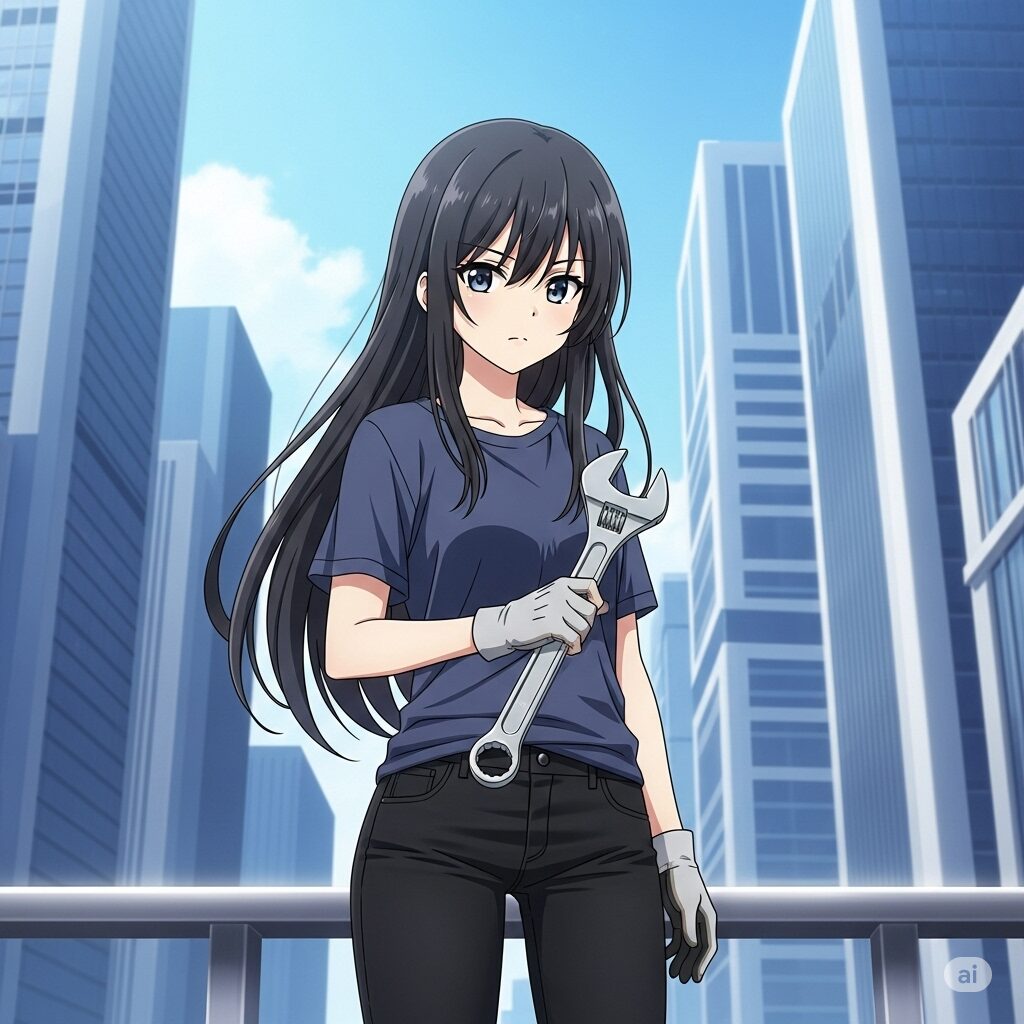 ビルメンテナンスについてブログを書いている若い女性またはアニメ/漫画風の可愛い女の子