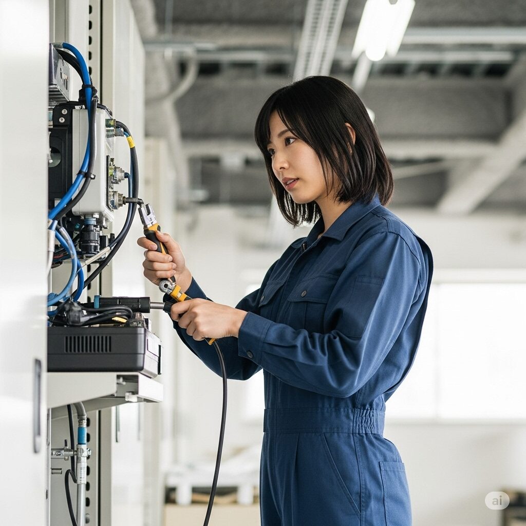 魅力的な若い日本人女性が、明るい建物内のメンテナンス作業をしている写真。