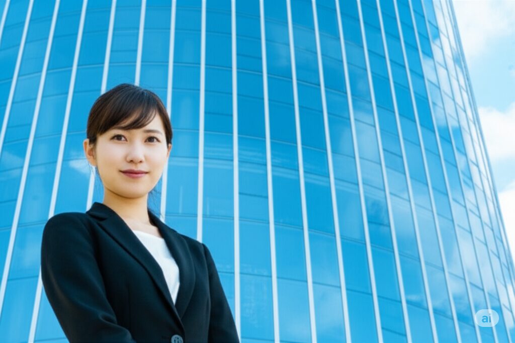 未経験から年収UPも？！ビルメン転職で後悔しないための3つの裏ワザ - 経験豊富な若い女性が自信に満ちた表情で立つ現代的なビルのイメージ