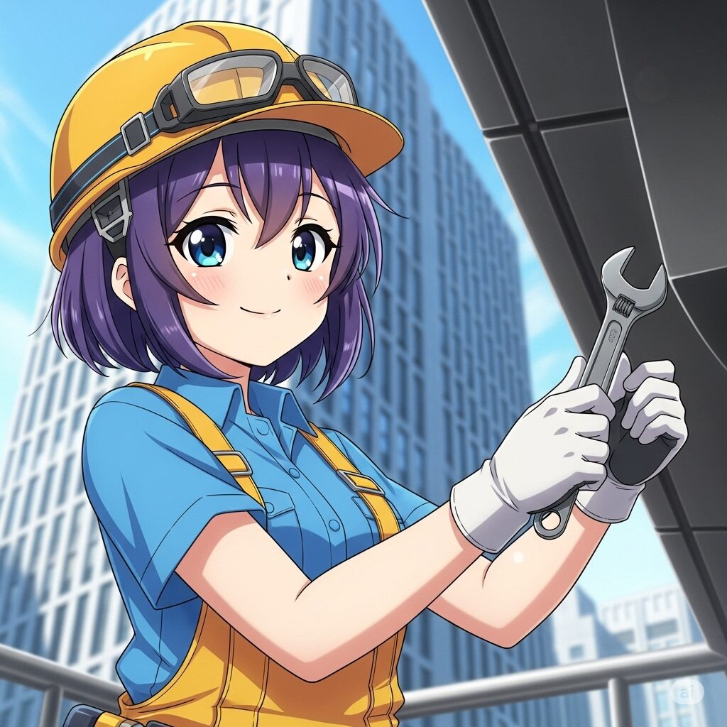 ビルメンテナンスの仕事を紹介するブログのアイキャッチ画像。若い女性またはアニメ風の美少女が、建物や工具を持っている様子