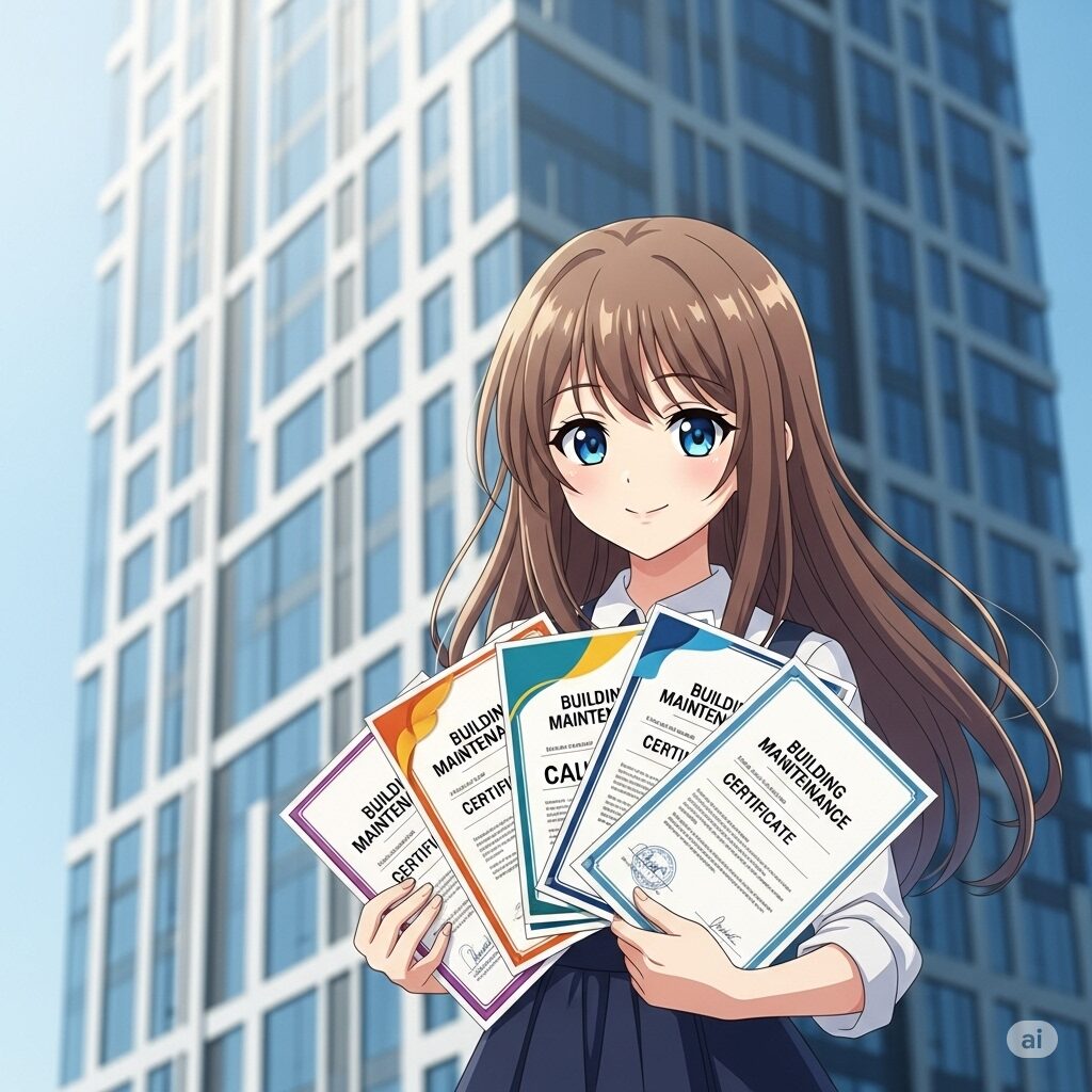 若い日本人女性またはアニメ風のかわいい女の子が、現代的な建物を背景に、5つのビルメンテナンス資格証書を提示している、目を引くSEOに強い画像
