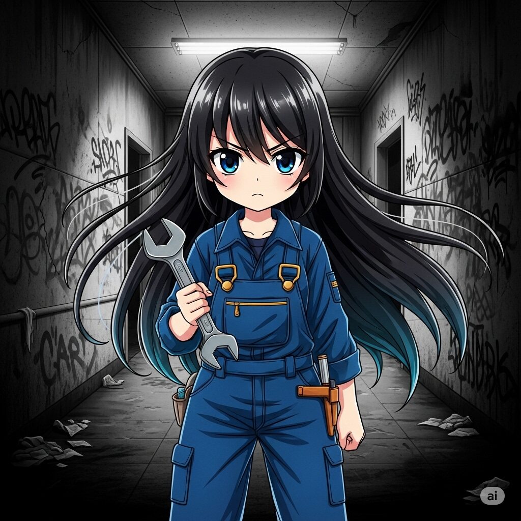 ビルメンテナンス業界の裏側を描いたブログ記事のアイキャッチ画像。アニメ風の女の子がレンチを持って暗い廊下に立っているイラスト。