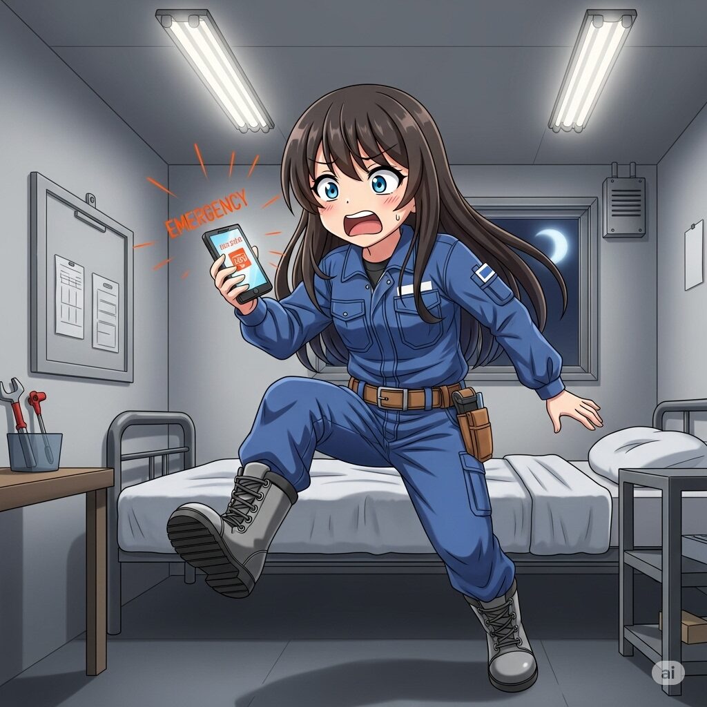 宿直室の簡易ベッドで、けたたましく鳴るスマートフォンの緊急アラートを見て、驚きの表情で飛び起きる若い日本人女性のビルメンテナンス作業員のかわいいアニメ風イラスト。