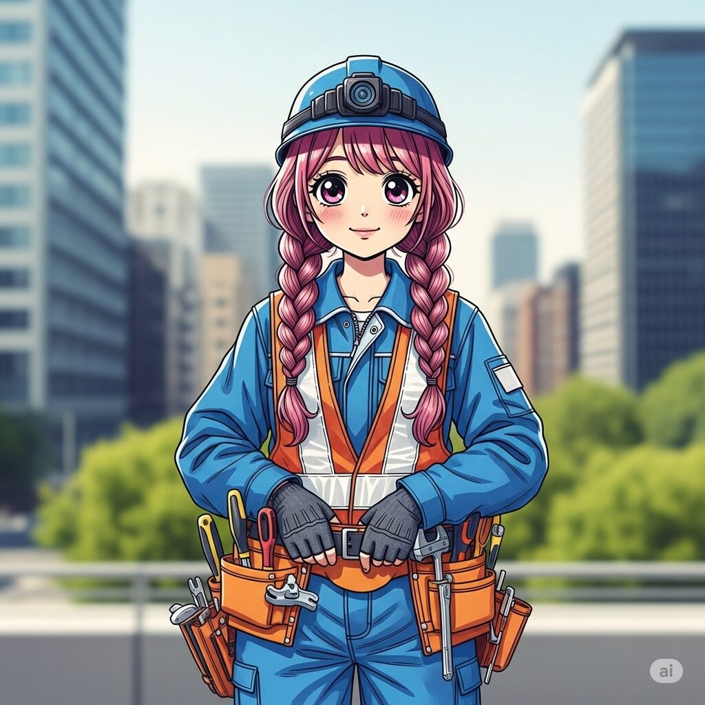 ビルメンテナンスの仕事をする若い日本人女性またはかわいい漫画・アニメ風の美少女・幼女
