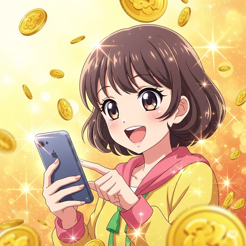 スマートフォンを操作して喜んでいるアニメ風の可愛い女の子と、キラキラと舞い散るコインのイラスト