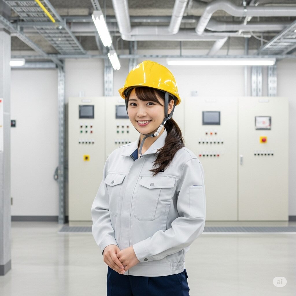 ビルメンテナンスの作業着を着てヘルメットをかぶった若い日本人女性が、清潔で近代的な機械室で自信を持って微笑んでいる様子。