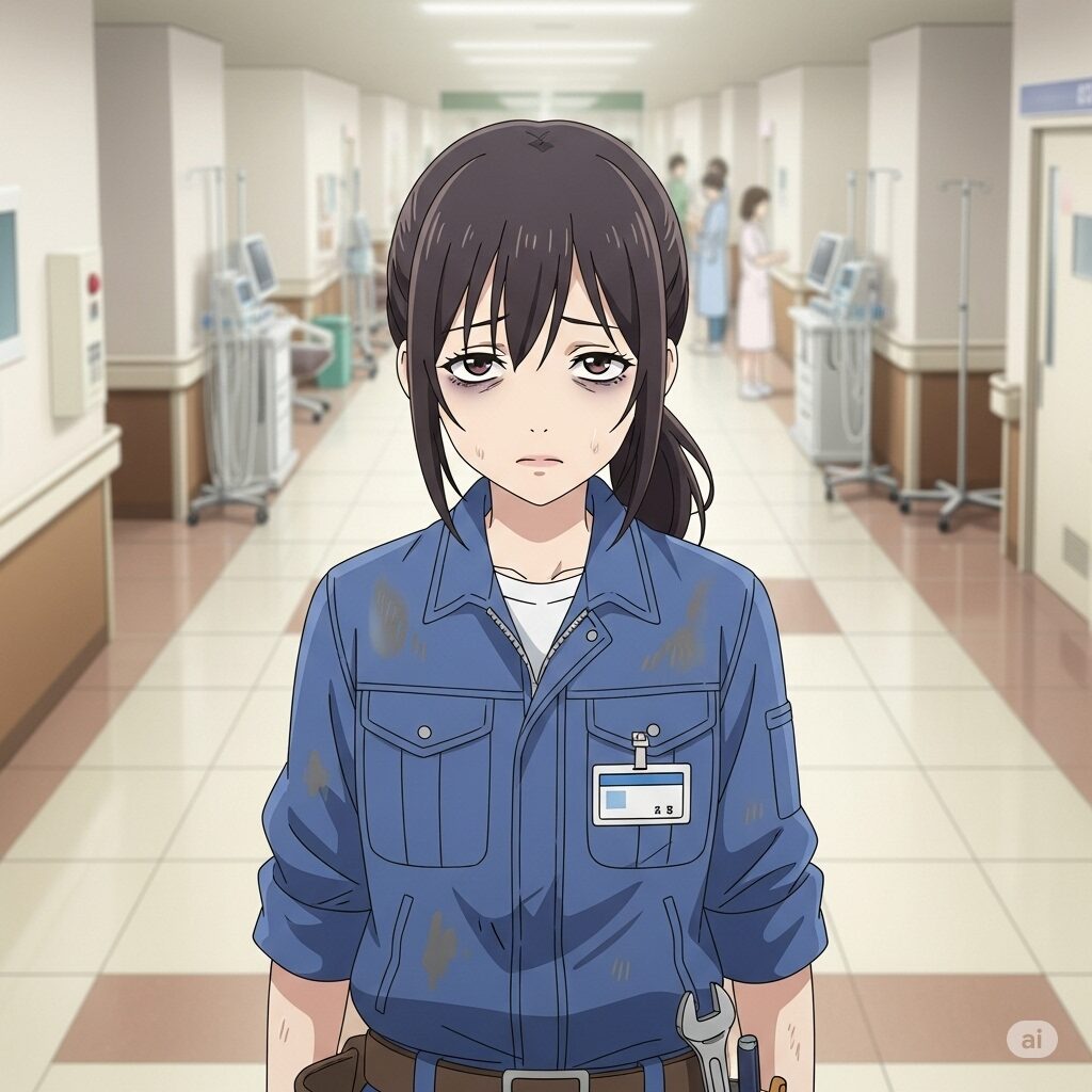 病院の廊下で、疲れ果てた表情で壁にもたれかかる若い日本人女性のビルメンテナンス作業員のアニメ風イラスト。