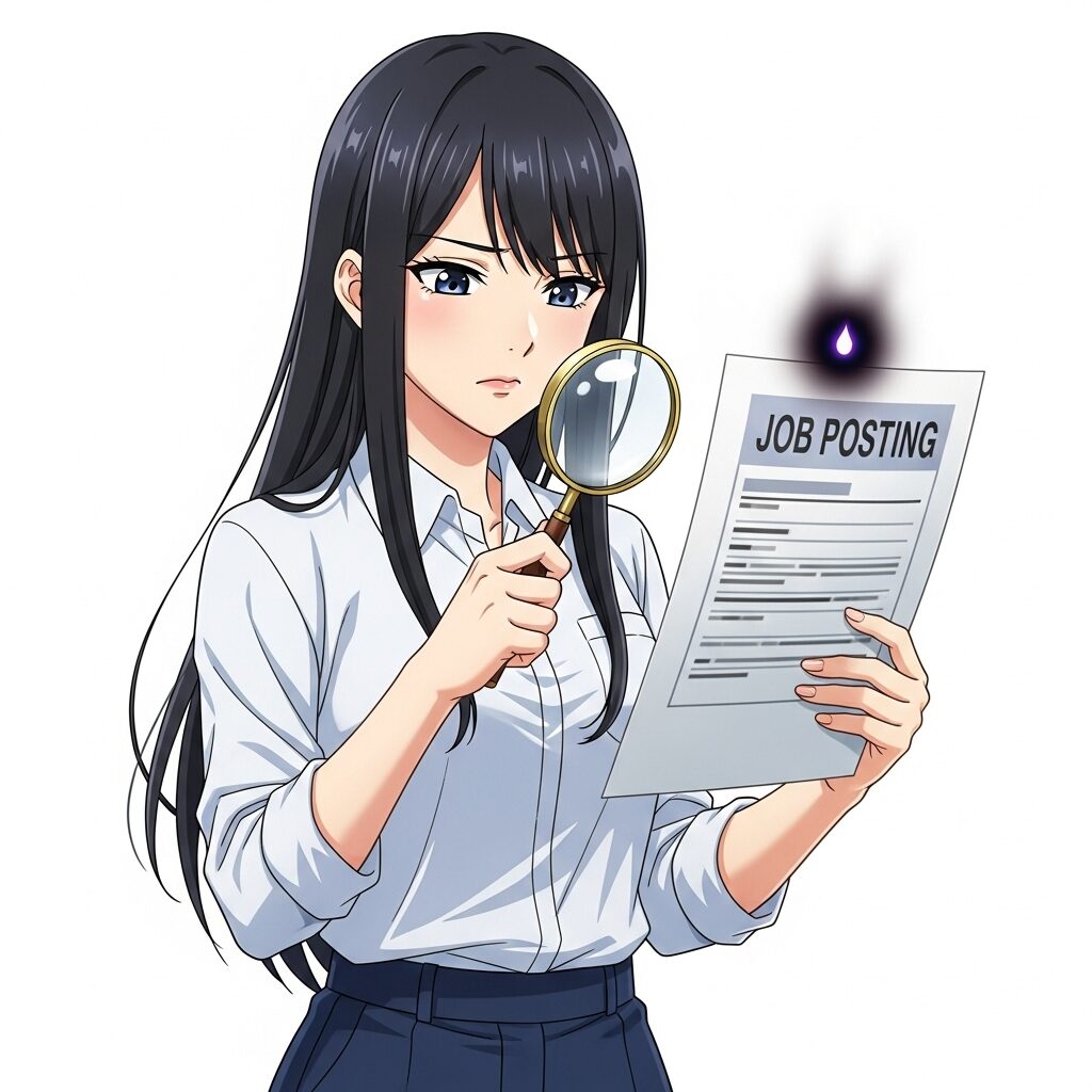 虫眼鏡で求人票を覗き込み、危険なサインがないか真剣な表情で確認している若い女性のイラスト。