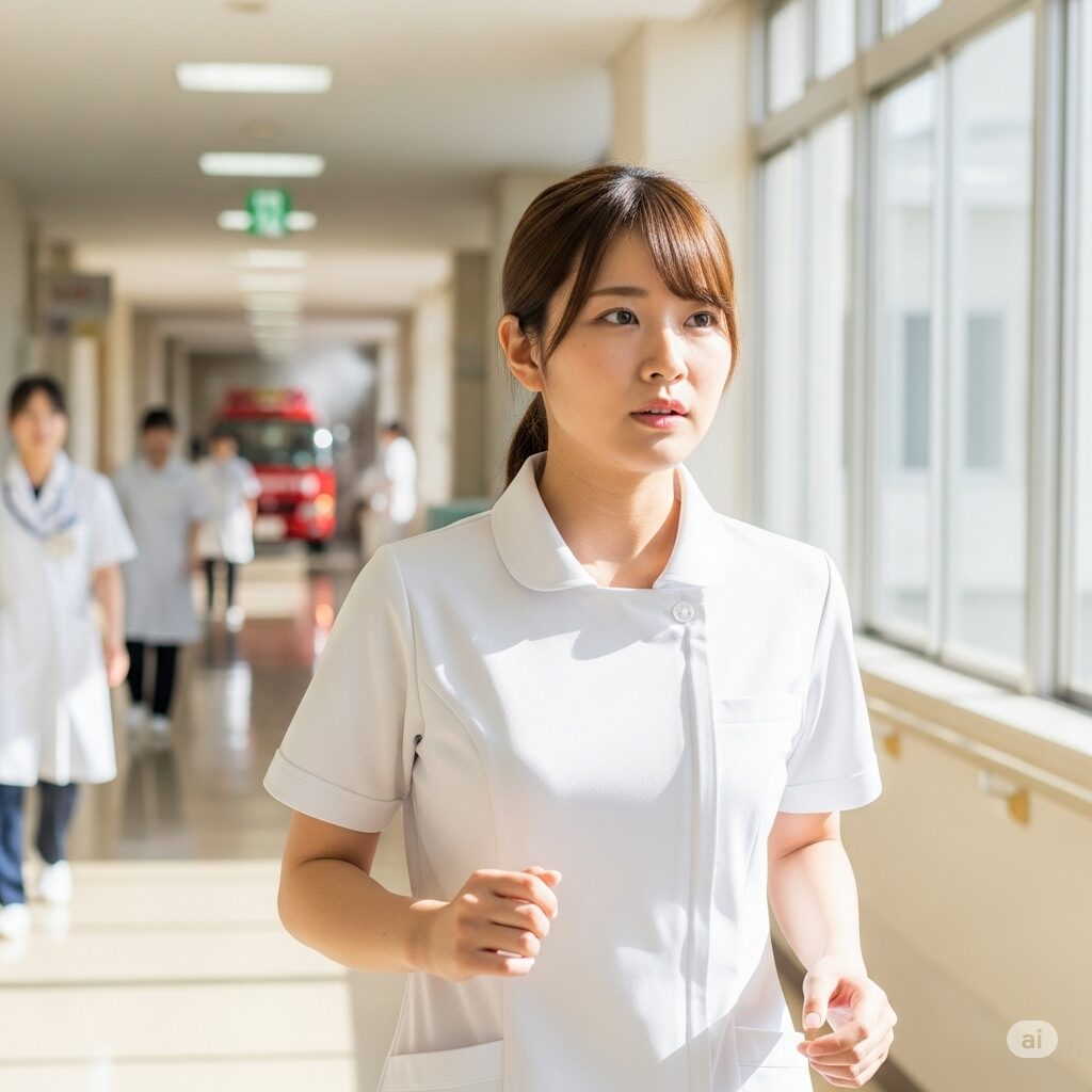 病院の消防訓練に参加する若い日本人女性