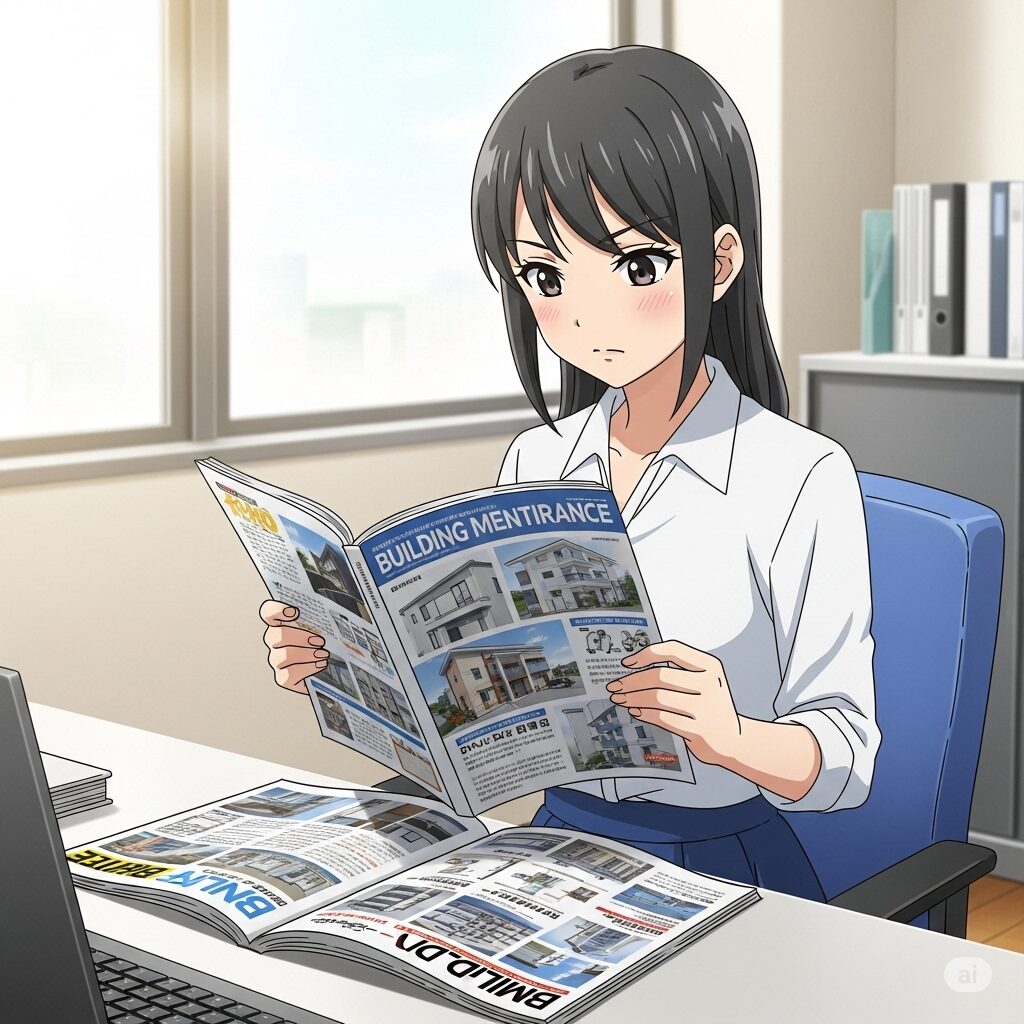 オフィスでビルメンテナンスの専門誌を真剣に読んでいる、アニメ風の若い日本人女性。