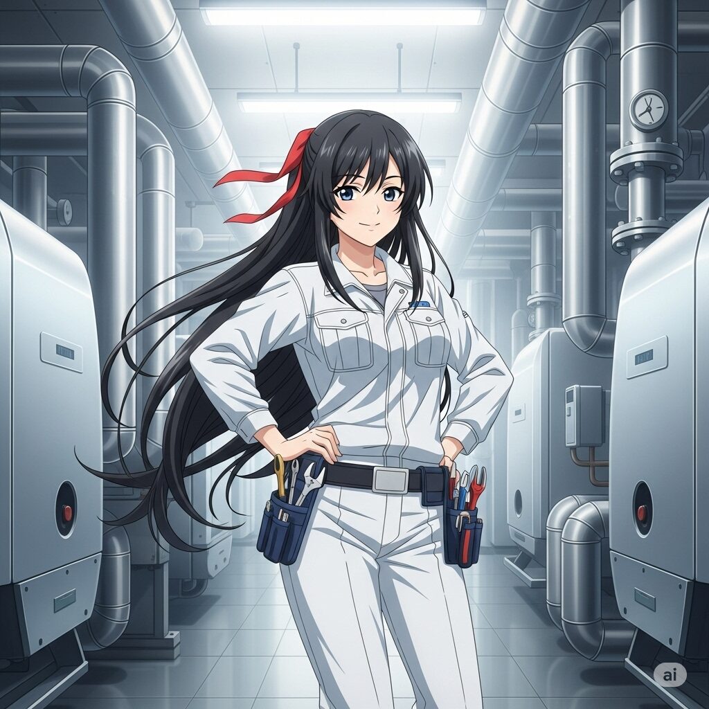 清潔なボイラー室に立つ、若くて美しいアニメ風の女性ビルメンテナンス技術者。自信に満ちた笑顔でこちらを見ている。