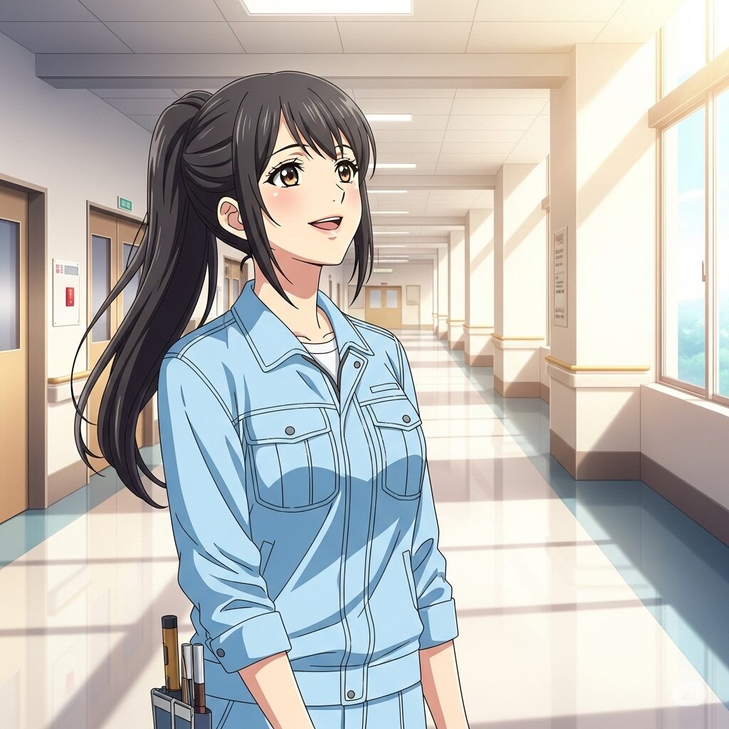 ビルメンテナンスの制服を着た若い日本人女性が、希望に満ちた表情で近代的な病院の廊下に立っているアニメ風のイラスト。