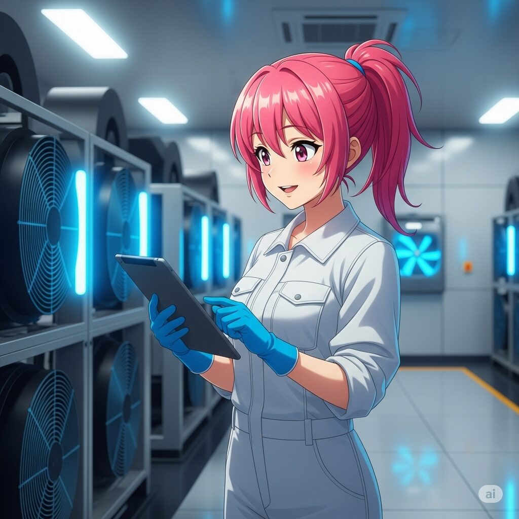 近代的なビルの機械室で、若い女性技術者がタブレットを確認しながら笑顔で作業しているアニメ風のイラスト。