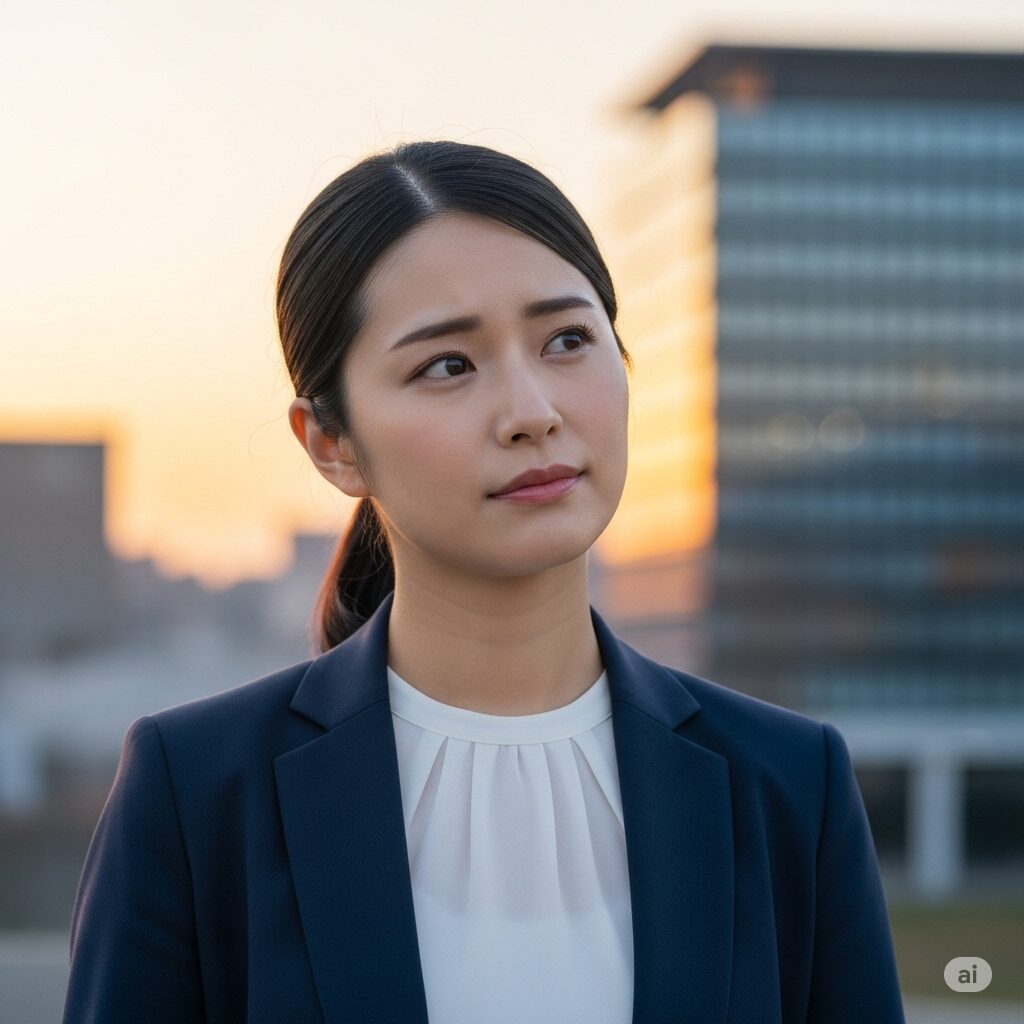 ビルメンテナンス業界で困った表情の若い女性社員が、問題解決のヒントを求める様子。背景にはビルのシルエットがあり、穏やかなトーンで描かれている。
