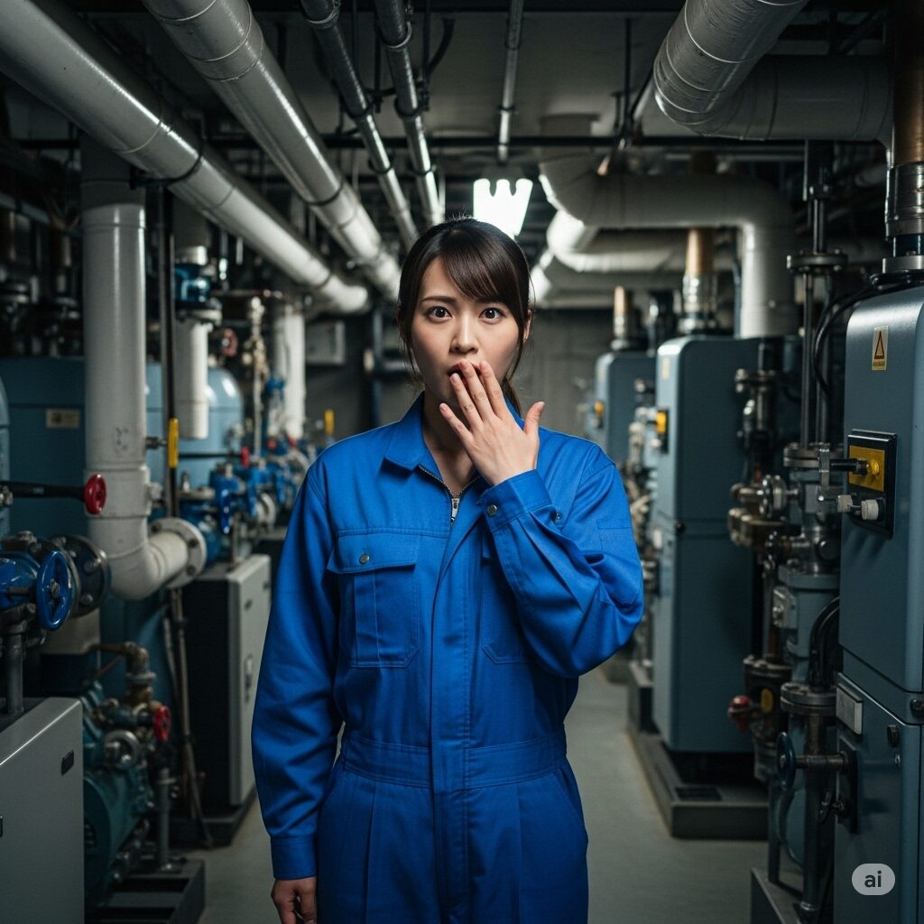 ホテルの機械室で、配管の複雑さに驚きの表情を浮かべる若い日本人女性ビルメンテナンス作業員。
