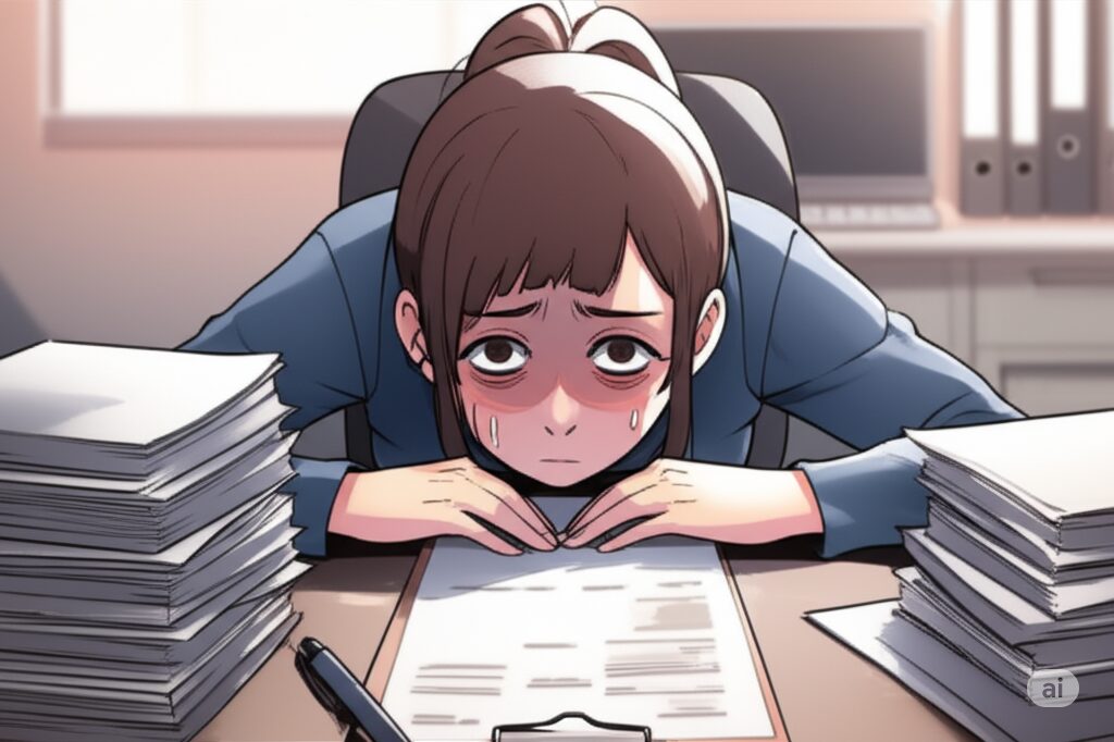 疲労困憊した表情でデスクにうつ伏せる若い女性のイラスト。書類や工具が散乱し、ビルメンの仕事のストレスを表現。