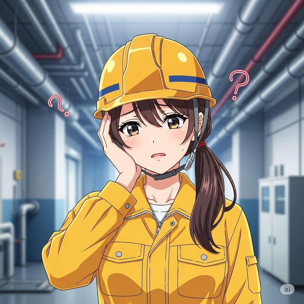 ビルメンテナンスの作業着を着た若い女性が、職場の廊下で頭を抱え、複雑な人間関係に悩んでいる様子のアニメ風イラスト。