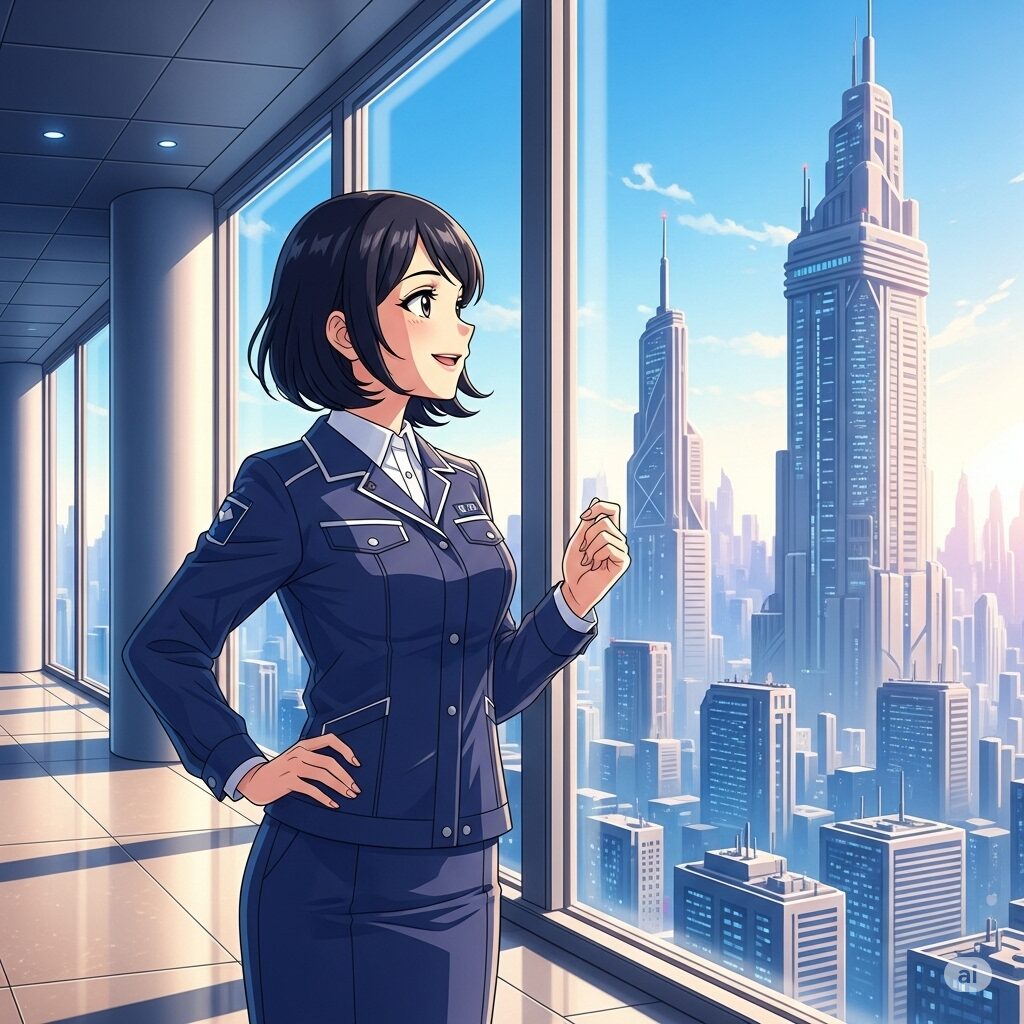 スーツ姿の若い女性が未来的な都市を背景に希望に満ちた表情で前を向いているイラスト。ビルメンの転職とキャリアアップをイメージ。