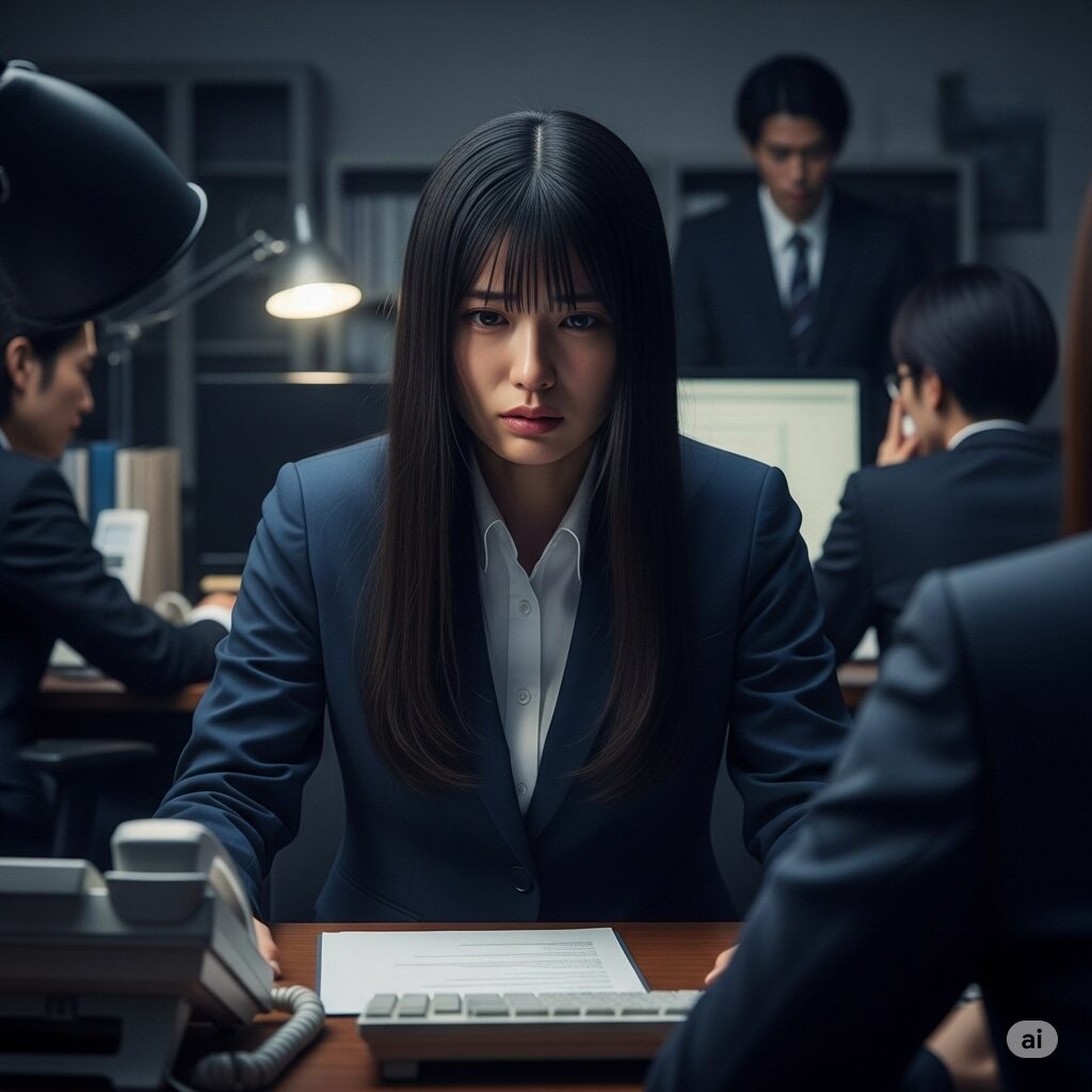 オフィスで苦悩する若い日本人女性。