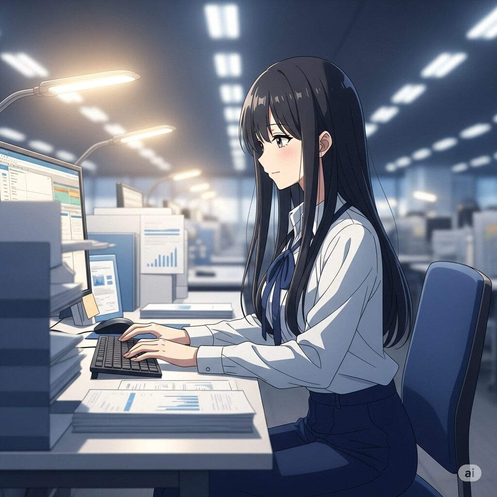 夜勤で働く若い日本人女性またはアニメ風の可愛い美少女の画像。