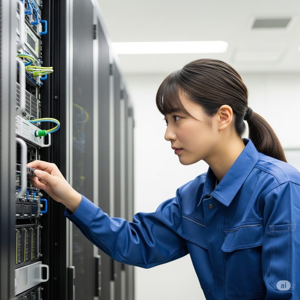 若い日本人女性のビルメンテナンス作業員が、データセンターでサーバー機器を真剣な表情で点検している。